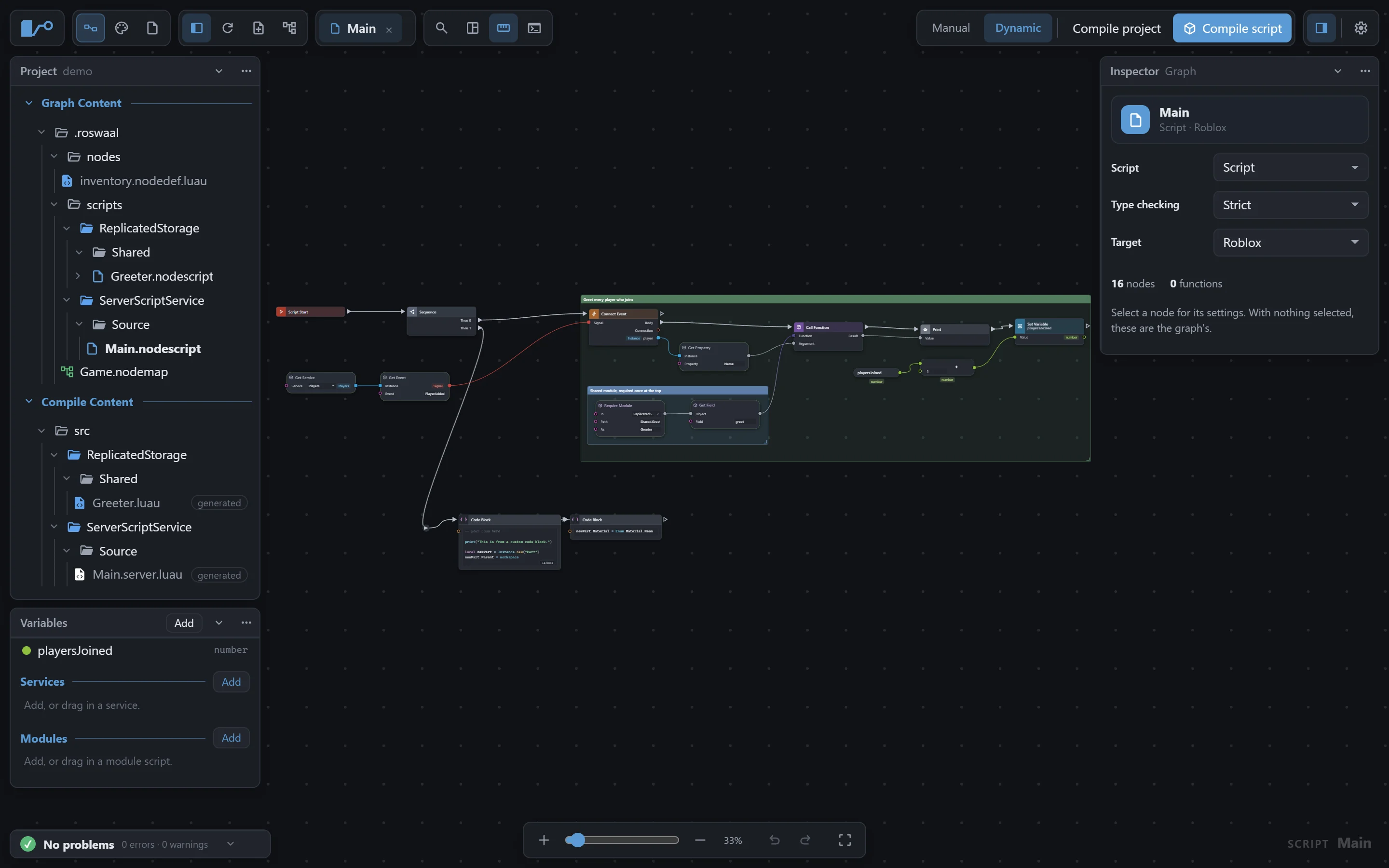 The editor on a computer: the Project and Variables cards docked on the left, the Inspector on the right, and the graph between them.